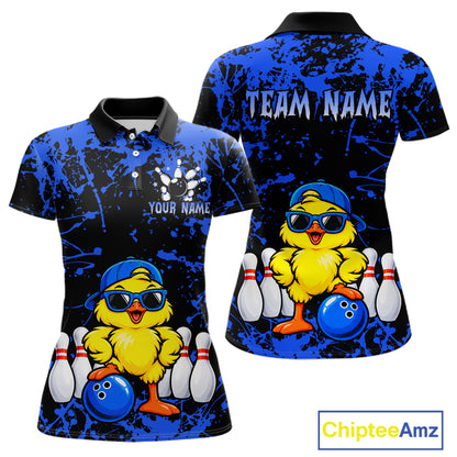 Custom Blue Funny Chick Bowling Team Shirts for Women Chicken Bowling League Polo & 1/4 Zip HNT640