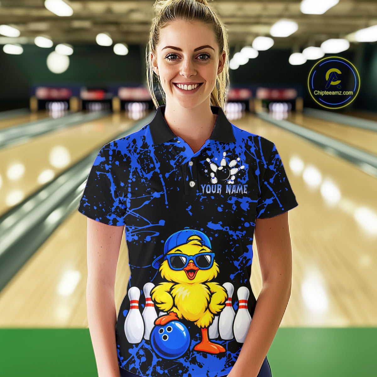 Custom Blue Funny Chick Bowling Team Shirts for Women Chicken Bowling League Polo & 1/4 Zip HNT640
