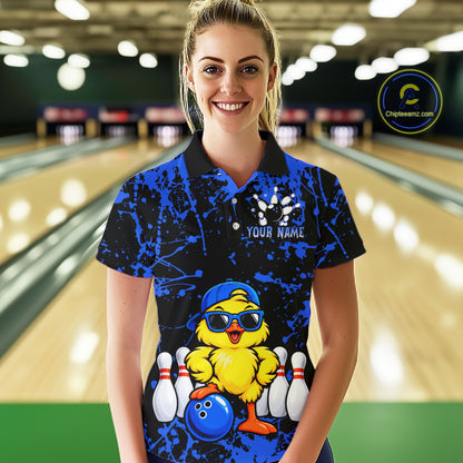 Custom Blue Funny Chick Bowling Team Shirts for Women Chicken Bowling League Polo & 1/4 Zip HNT640