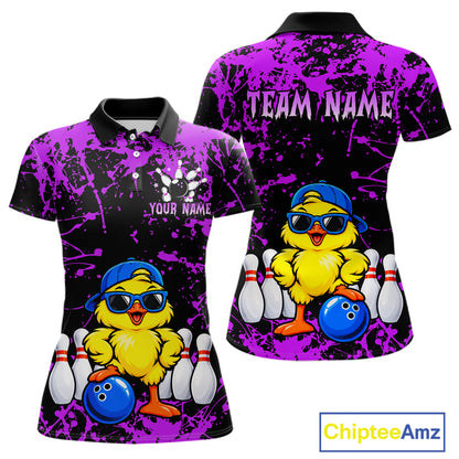 Custom Purple Funny Chick Bowling Team Shirts for Women Chicken Bowling League Polo & 1/4 Zip HNT640