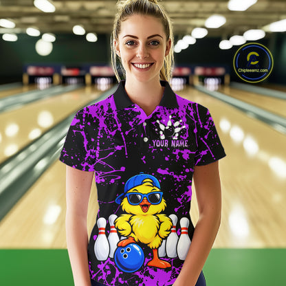Custom Purple Funny Chick Bowling Team Shirts for Women Chicken Bowling League Polo & 1/4 Zip HNT640