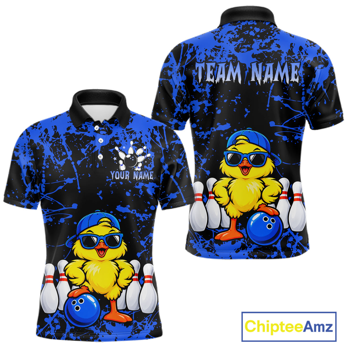 Custom Blue Funny Chick Bowling Team Shirts for Men Chicken Bowling League Polo & 1/4 Zip HNT640