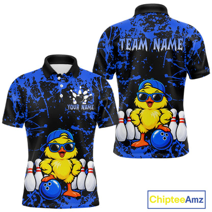 Custom Blue Funny Chick Bowling Team Shirts for Men Chicken Bowling League Polo & 1/4 Zip HNT640