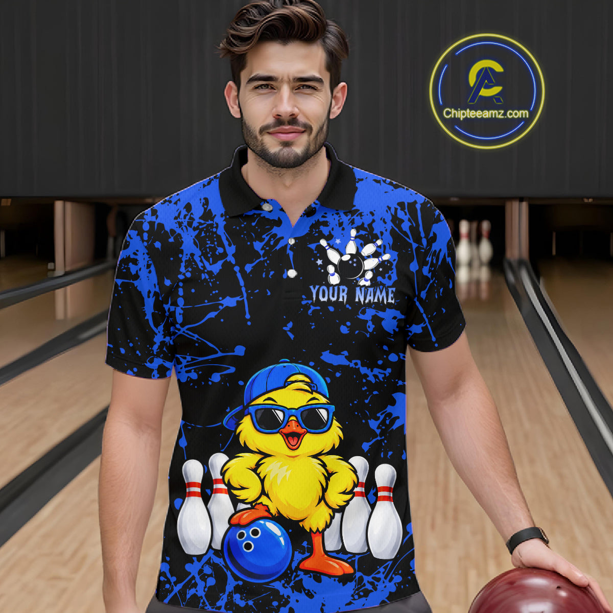 Custom Blue Funny Chick Bowling Team Shirts for Men Chicken Bowling League Polo & 1/4 Zip HNT640