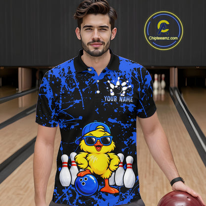 Custom Blue Funny Chick Bowling Team Shirts for Men Chicken Bowling League Polo & 1/4 Zip HNT640