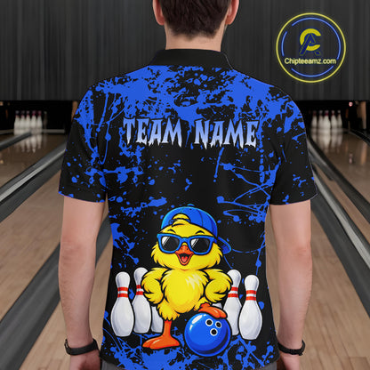 Custom Blue Funny Chick Bowling Team Shirts for Men Chicken Bowling League Polo & 1/4 Zip HNT640