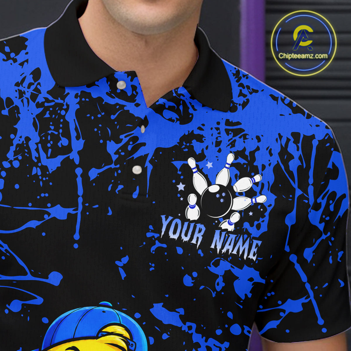 Custom Blue Funny Chick Bowling Team Shirts for Men Chicken Bowling League Polo & 1/4 Zip HNT640