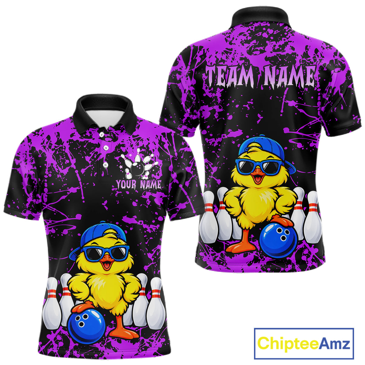 Custom Purple Funny Chick Bowling Team Shirts for Men Chicken Bowling League Polo & 1/4 Zip HNT640