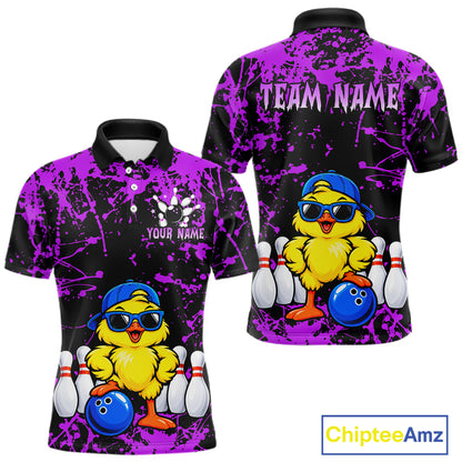 Custom Purple Funny Chick Bowling Team Shirts for Men Chicken Bowling League Polo & 1/4 Zip HNT640