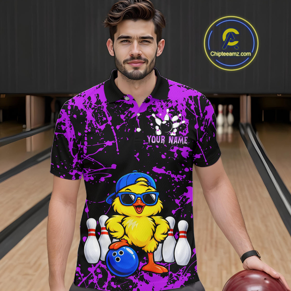 Custom Purple Funny Chick Bowling Team Shirts for Men Chicken Bowling League Polo & 1/4 Zip HNT640