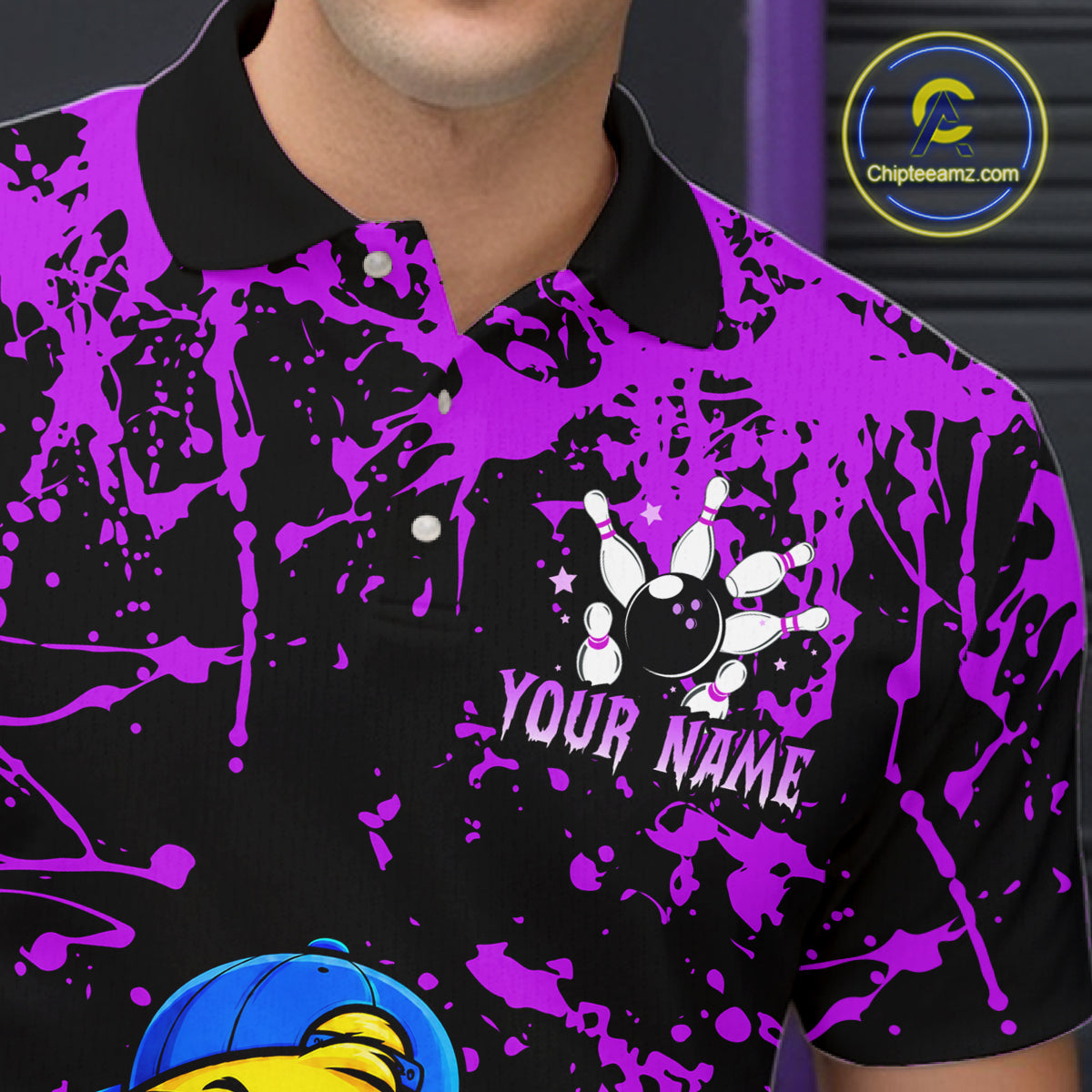 Custom Purple Funny Chick Bowling Team Shirts for Men Chicken Bowling League Polo & 1/4 Zip HNT640