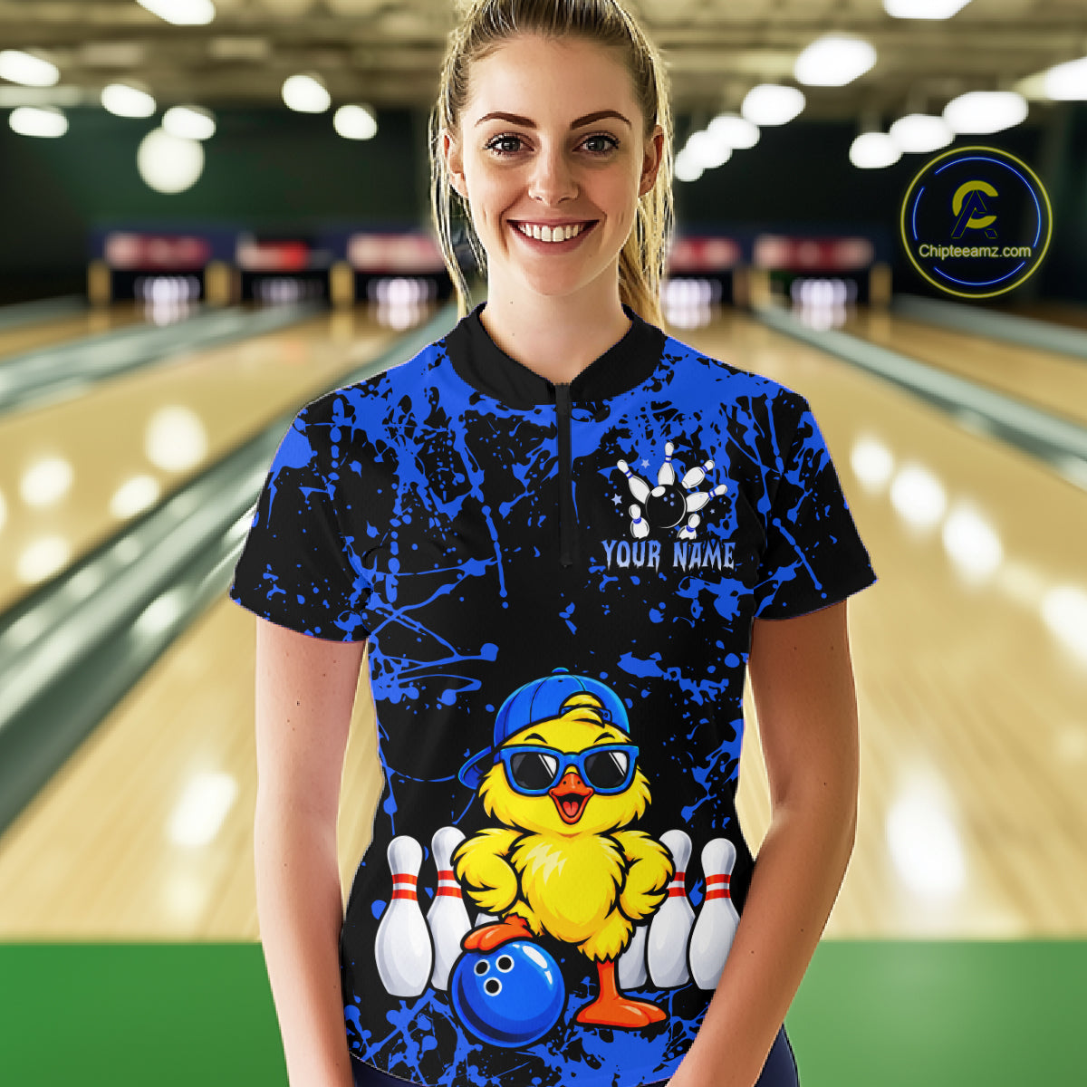 Custom Blue Funny Chick Bowling Team Shirts for Women Chicken Bowling League Polo & 1/4 Zip HNT640