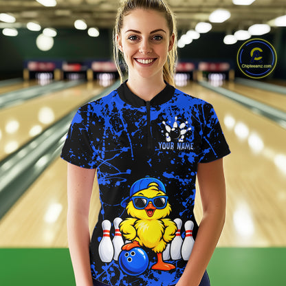 Custom Blue Funny Chick Bowling Team Shirts for Women Chicken Bowling League Polo & 1/4 Zip HNT640
