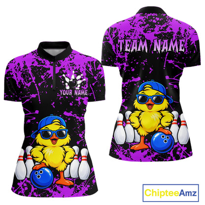Custom Purple Funny Chick Bowling Team Shirts for Women Chicken Bowling League Polo & 1/4 Zip HNT640