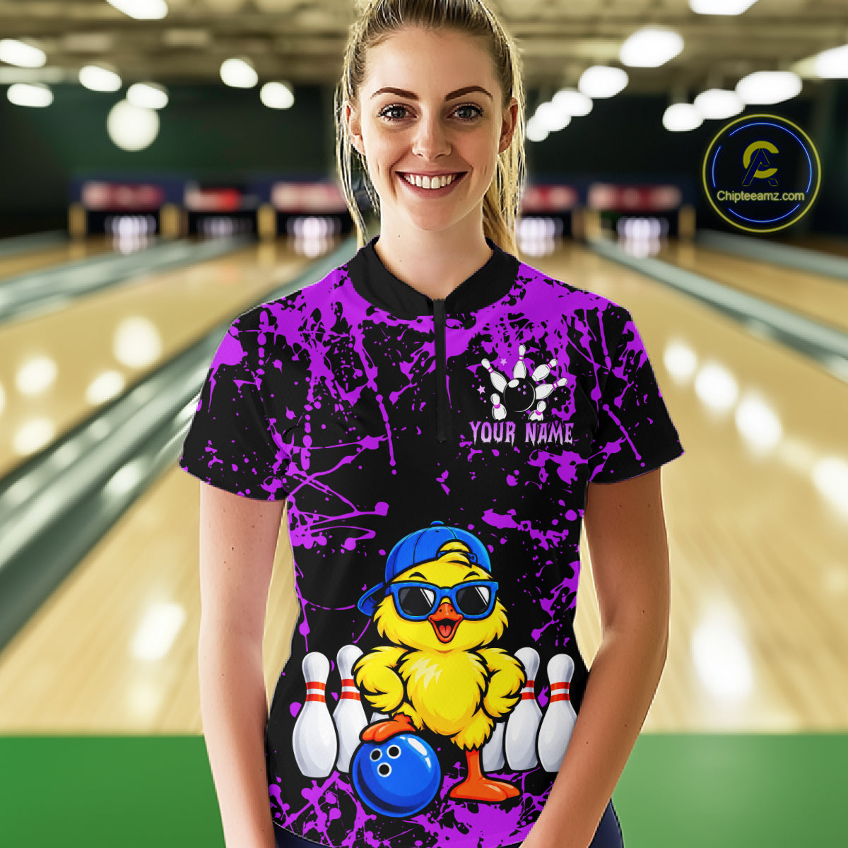 Custom Purple Funny Chick Bowling Team Shirts for Women Chicken Bowling League Polo & 1/4 Zip HNT640