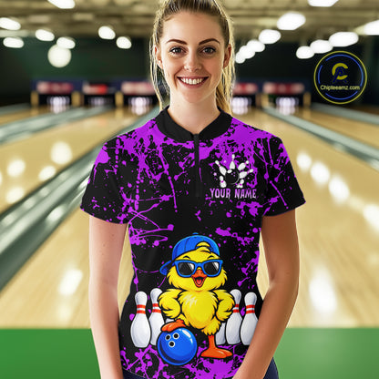 Custom Purple Funny Chick Bowling Team Shirts for Women Chicken Bowling League Polo & 1/4 Zip HNT640
