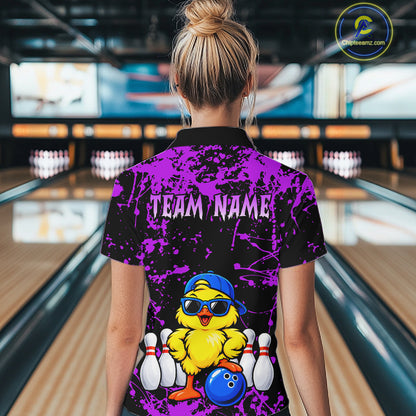 Custom Purple Funny Chick Bowling Team Shirts for Women Chicken Bowling League Polo & 1/4 Zip HNT640