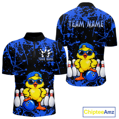 Custom Blue Funny Chick Bowling Team Shirts for Men Chicken Bowling League Polo & 1/4 Zip HNT640