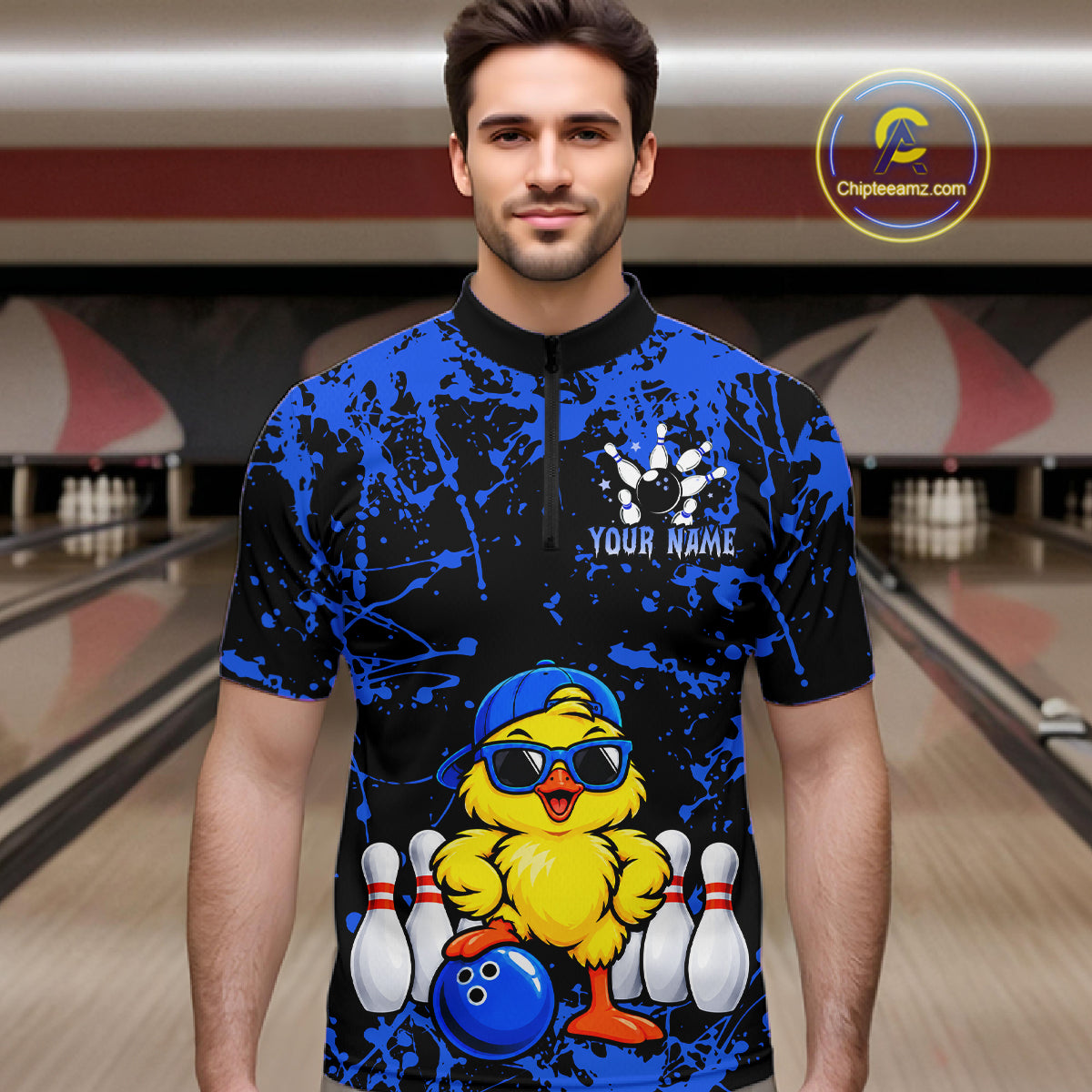 Custom Blue Funny Chick Bowling Team Shirts for Men Chicken Bowling League Polo & 1/4 Zip HNT640