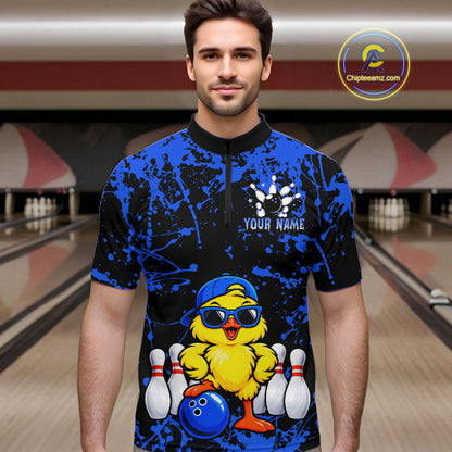Custom Blue Funny Chick Bowling Team Shirts for Men Chicken Bowling League Polo & 1/4 Zip HNT640