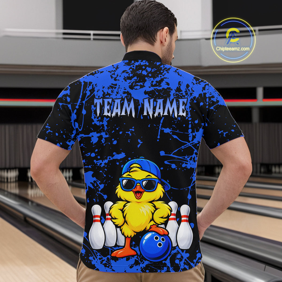 Custom Blue Funny Chick Bowling Team Shirts for Men Chicken Bowling League Polo & 1/4 Zip HNT640