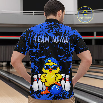 Custom Blue Funny Chick Bowling Team Shirts for Men Chicken Bowling League Polo & 1/4 Zip HNT640