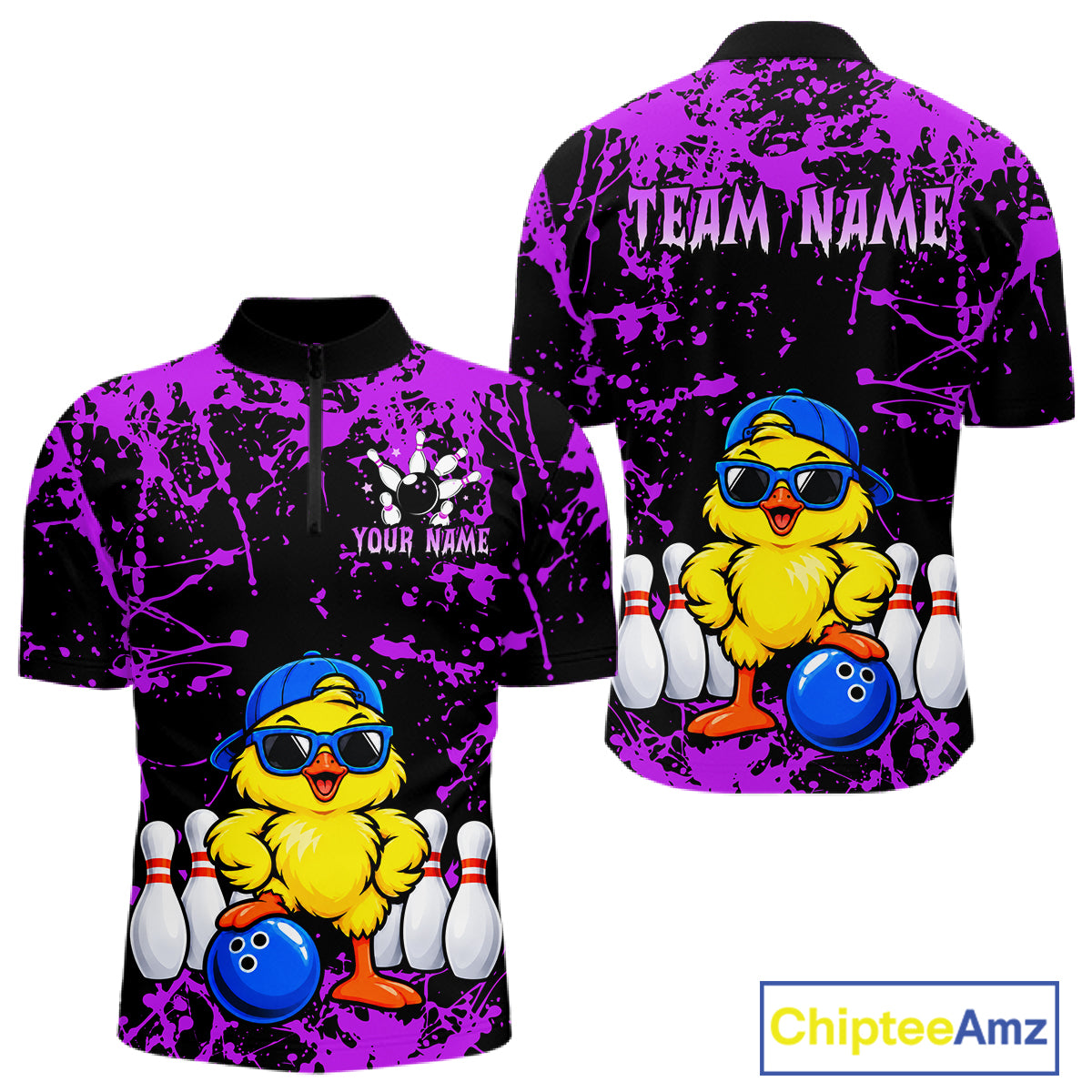 Custom Purple Funny Chick Bowling Team Shirts for Men Chicken Bowling League Polo & 1/4 Zip HNT640