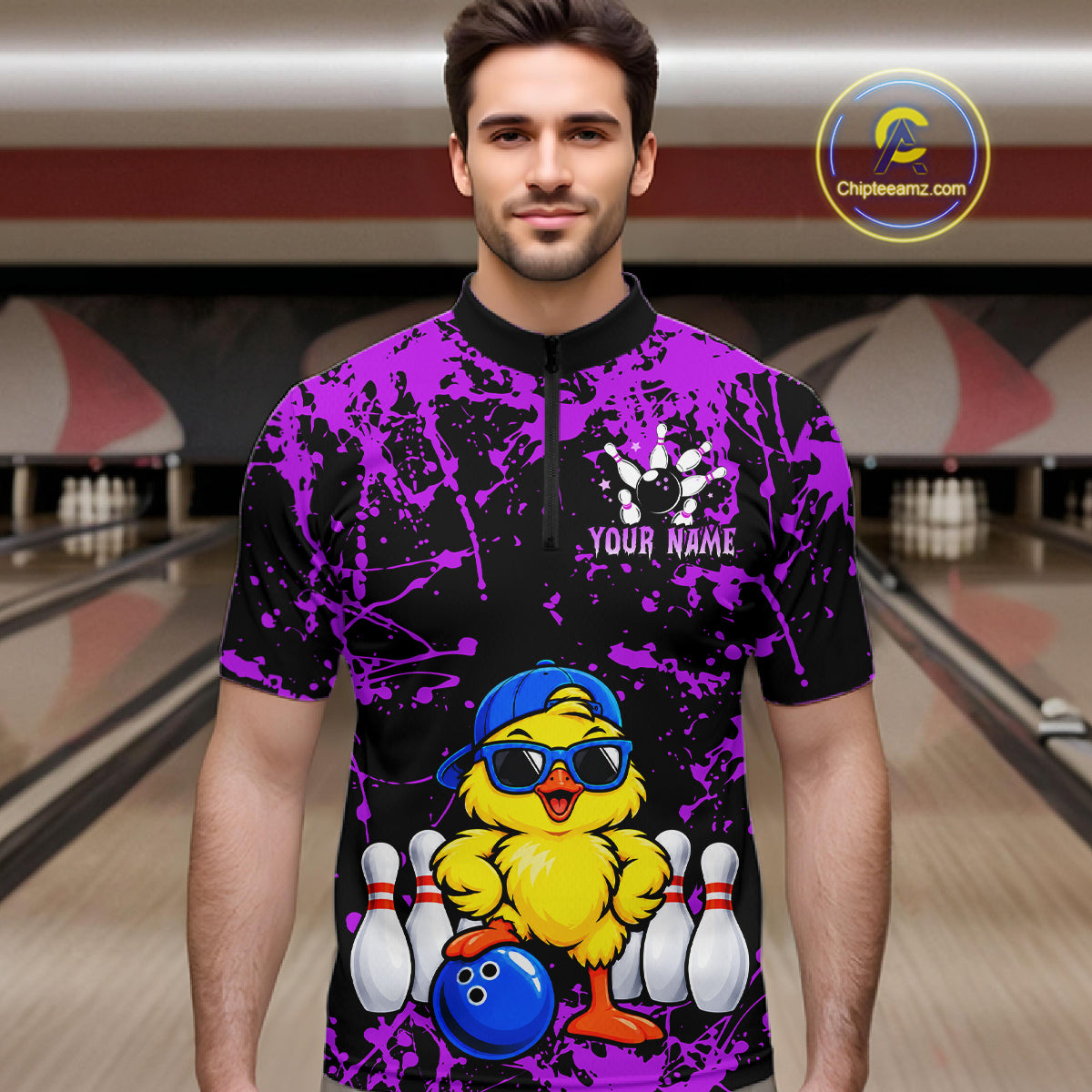 Custom Purple Funny Chick Bowling Team Shirts for Men Chicken Bowling League Polo & 1/4 Zip HNT640