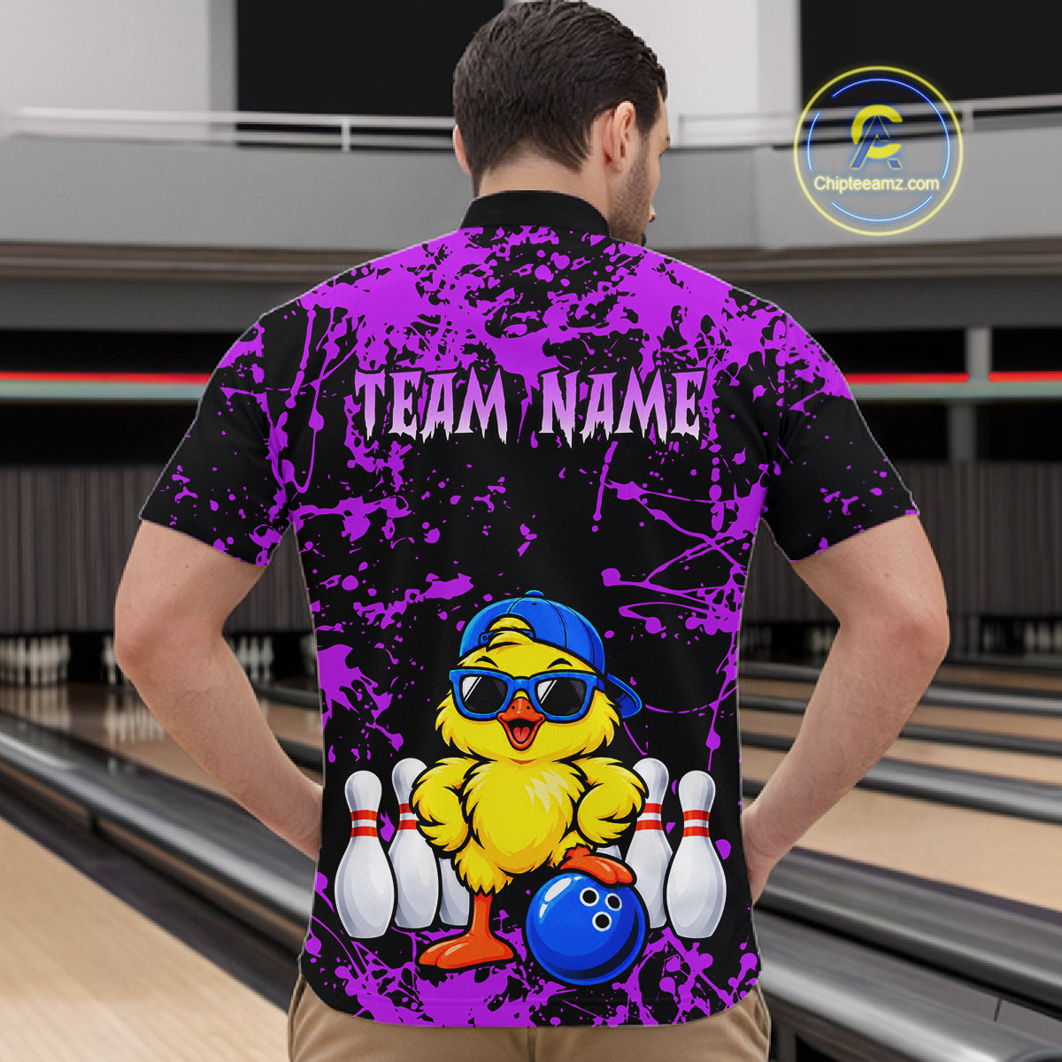 Custom Purple Funny Chick Bowling Team Shirts for Men Chicken Bowling League Polo & 1/4 Zip HNT640