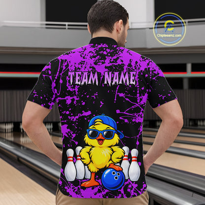 Custom Purple Funny Chick Bowling Team Shirts for Men Chicken Bowling League Polo & 1/4 Zip HNT640