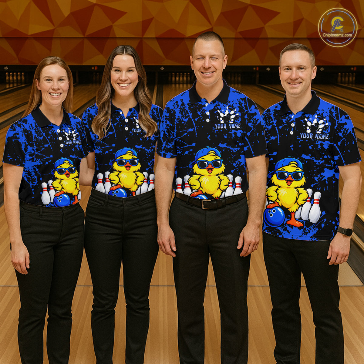 Custom Blue Funny Chick Bowling Team Shirts for Women Chicken Bowling League Polo & 1/4 Zip HNT640
