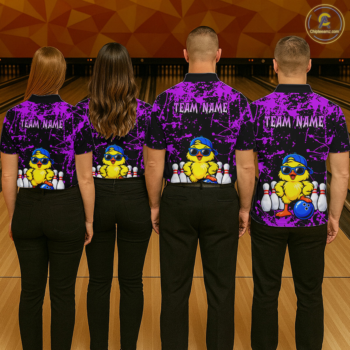 Custom Purple Funny Chick Bowling Team Shirts for Men Chicken Bowling League Polo & 1/4 Zip HNT640