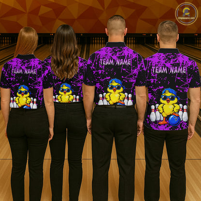 Custom Purple Funny Chick Bowling Team Shirts for Men Chicken Bowling League Polo & 1/4 Zip HNT640