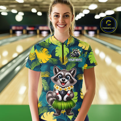 Woman wearing a tropical bowling quarter zip featuring a smiling raccoon mascot in a grass skirt, leafy patterns, bowling pins, and custom your name text.