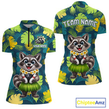 Load image into Gallery viewer, Front and back views of a tropical bowling quarter zip featuring a smiling raccoon mascot in a grass skirt, leafy patterns, bowling pins, and custom team and your name text.