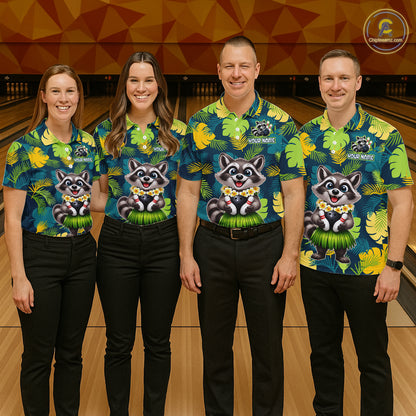 Four people wearing tropical bowling polo featuring a smiling raccoon mascot in a grass skirt, leafy patterns, bowling pins, and custom your name text.
