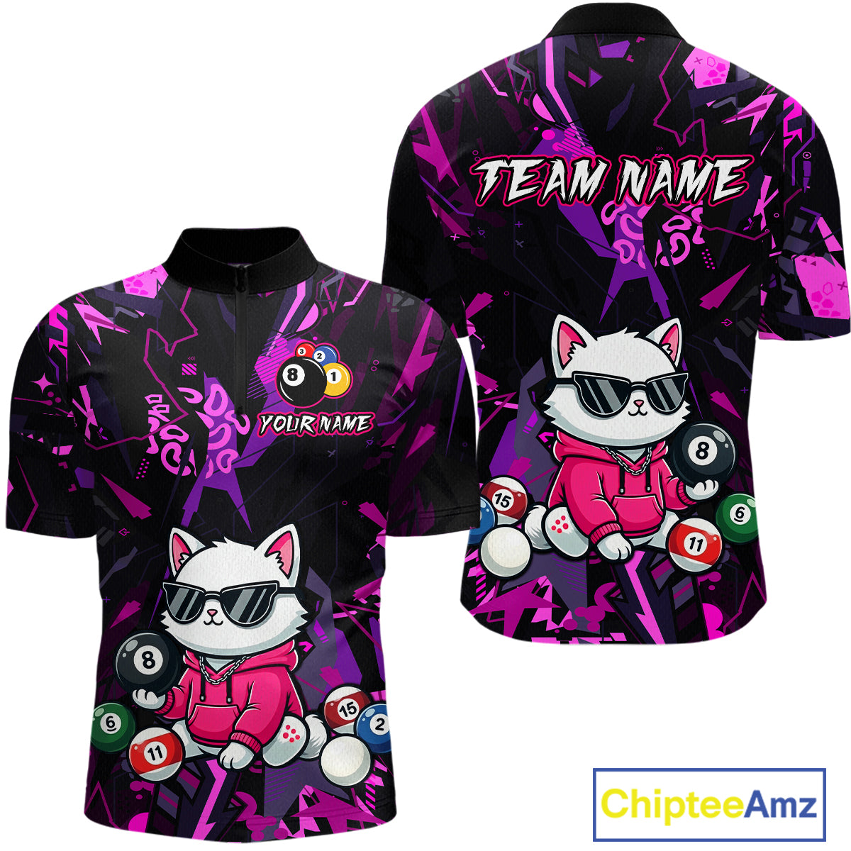 Custom Pink Cat Funny 8 Ball Pool Shirts Billiard Shirt for Men Billiard Team Jersey League NNT175