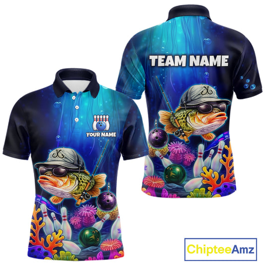 Front and back views of an underwater-themed bowling polo featuring a fish mascot wearing sunglasses and a cap, colorful coral reefs, bowling pins, bowling balls, and custom team text.