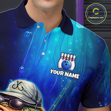 Load image into Gallery viewer, Blue polo shirt with bowling design and 'Your Name' text, featuring a brand logo in the corner.