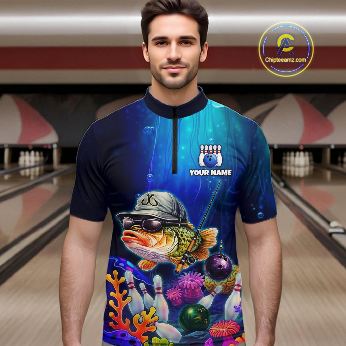 Man wearing an underwater-themed bowling quarter zip featuring a fish mascot wearing sunglasses and a cap, colorful coral reefs, bowling pins, bowling balls, and custom your name text.
