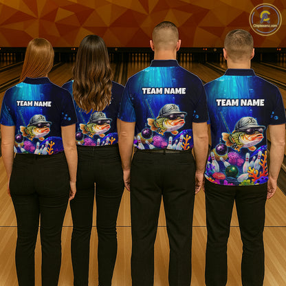 Four people wearing underwater-themed bowling polo featuring a fish mascot wearing sunglasses and a cap, colorful coral reefs, bowling pins, bowling balls, and custom team text.