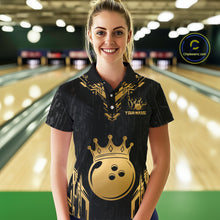 Load image into Gallery viewer, Women wearing personalized bowling polo shirt with a crowned bowling ball centered among geometric gold patterns across a black layout.