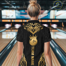 Load image into Gallery viewer, Women wearing personalized bowling polo shirt with a crowned bowling ball centered among geometric gold patterns across a black layout.