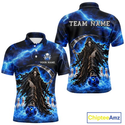 Custom Black and Blue Flame Grim Reaper Bowling Team Shirts for Men Bowling Tournament HNT641