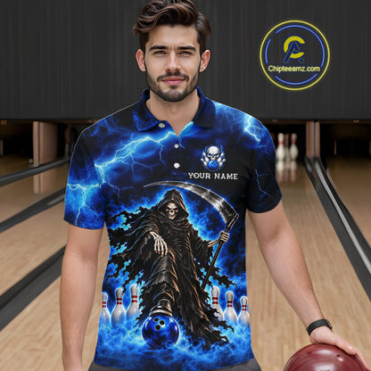 Custom Black and Blue Flame Grim Reaper Bowling Team Shirts for Men Bowling Tournament HNT641