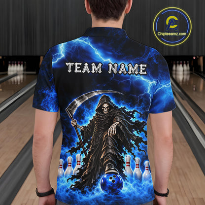 Custom Black and Blue Flame Grim Reaper Bowling Team Shirts for Men Bowling Tournament HNT641