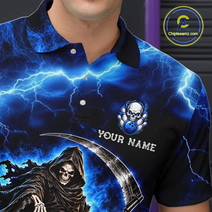 Custom Black and Blue Flame Grim Reaper Bowling Team Shirts for Men Bowling Tournament HNT641