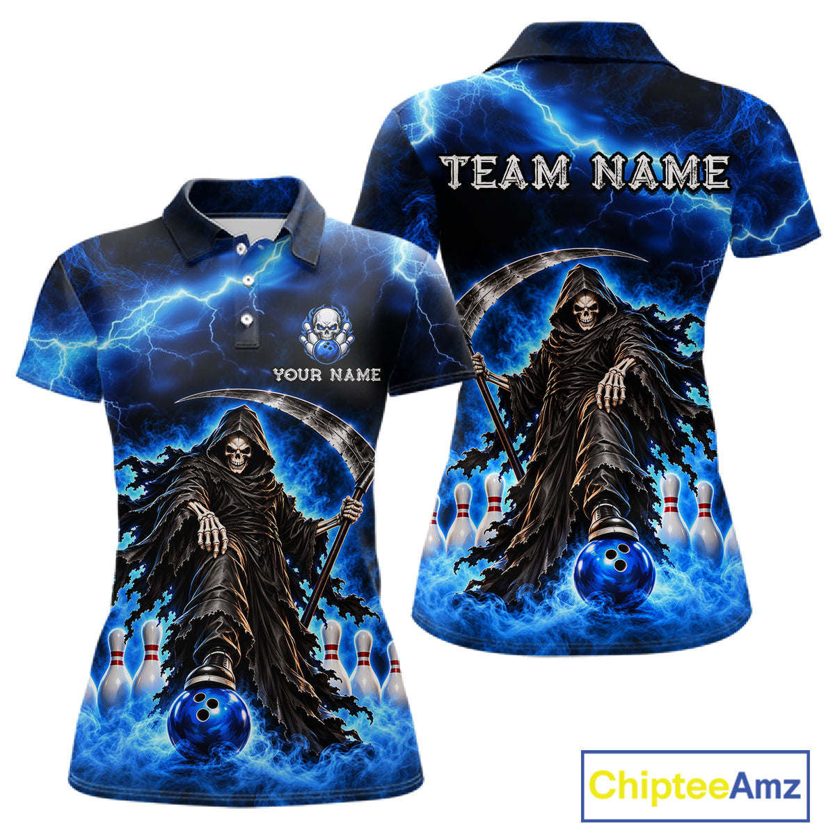 Custom Black and Blue Flame Grim Reaper Bowling Team Shirts for Women Bowling Tournament HNT641