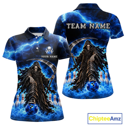 Custom Black and Blue Flame Grim Reaper Bowling Team Shirts for Women Bowling Tournament HNT641