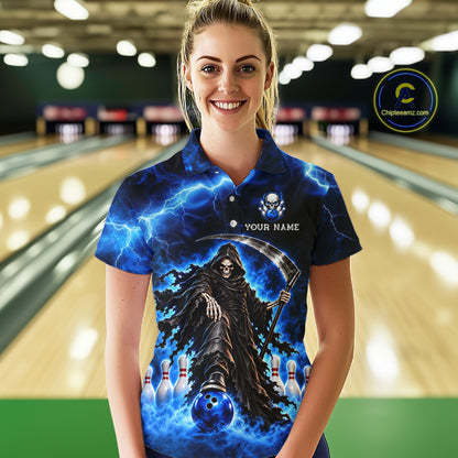 Custom Black and Blue Flame Grim Reaper Bowling Team Shirts for Women Bowling Tournament HNT641